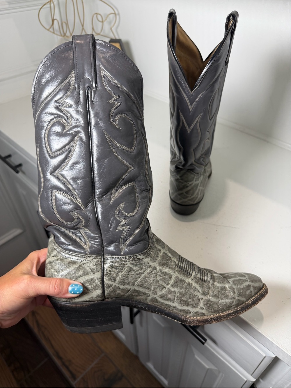 Vintage Abilene Men’s 9.5D Gray Elephant Print Leather Cowboy Boots USA - Picture 7 of 9